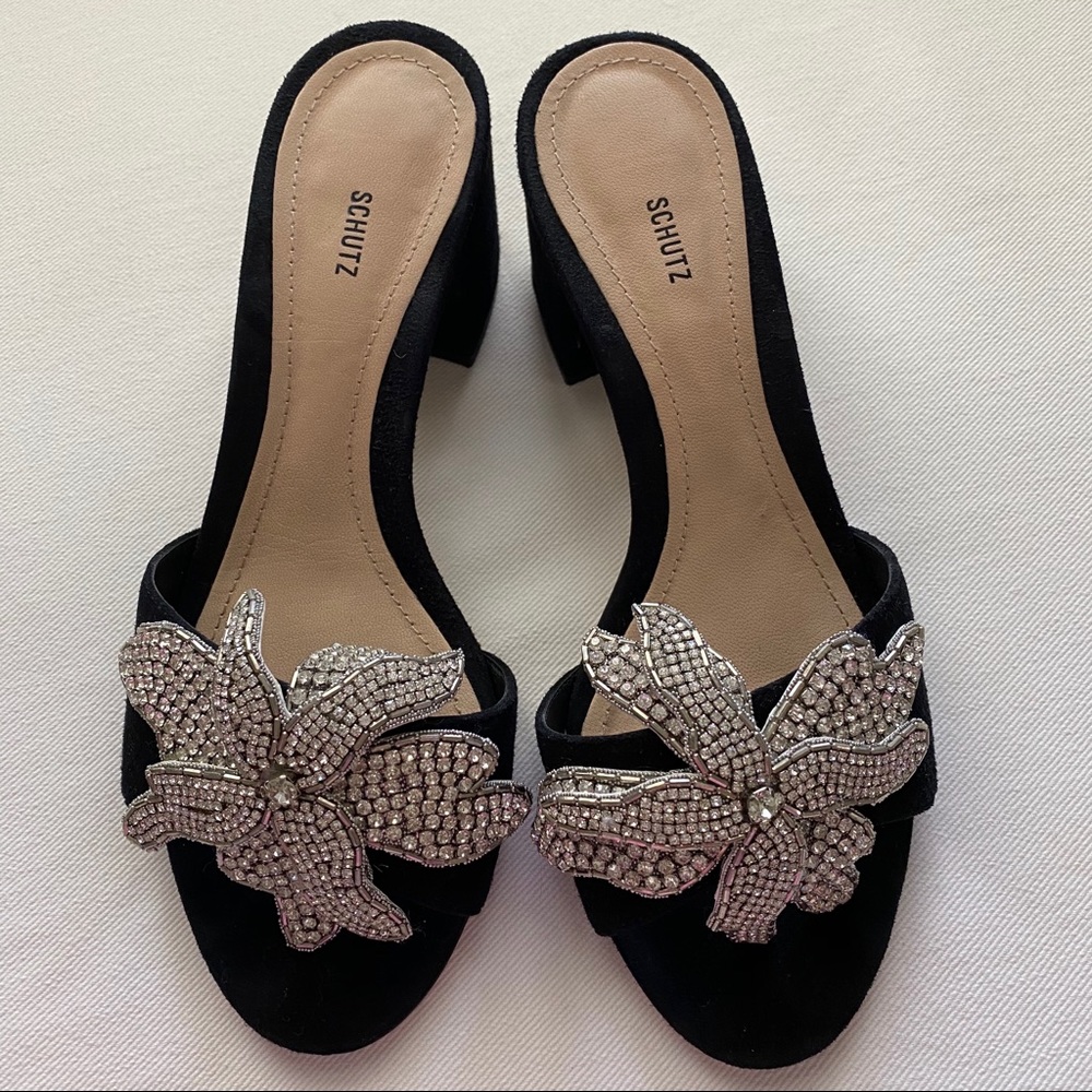 Schutz Black Embellished Block Heel Mule Sandals